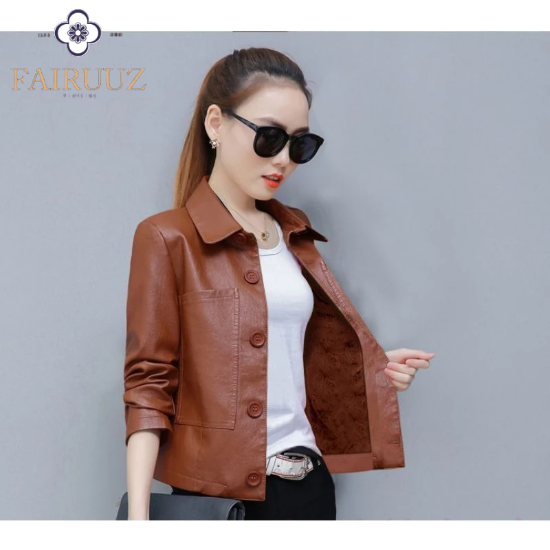 Jaket Kulit Wanita Leather Jacket Women Model Kemeja Wanita Simple Sporty Single-breasted PU Leather