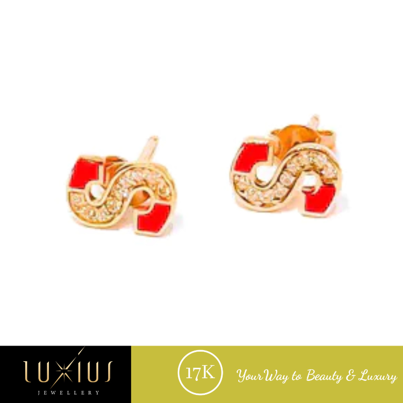 Anting Emas Tusuk Huruf S Merah Rose Gold 17K luxat0097 Luxius Jewellery