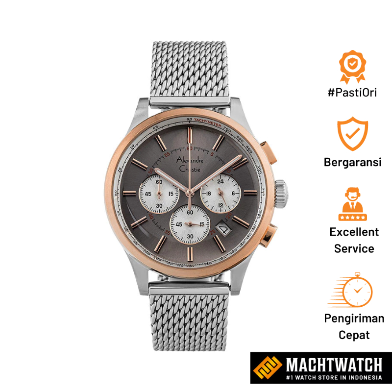 Jam Tangan Pria Alexandre Christie Chronograph AC 6574 MC BTRGR Men Grey Dial Mesh Stainless Steel S