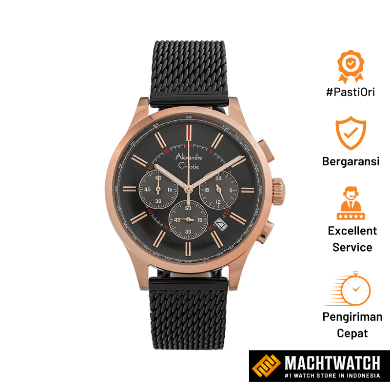 Jam Tangan Pria Alexandre Christie Chronograph AC 6574 MC BBRBA Men Black Dial Mesh Stainless Steel 