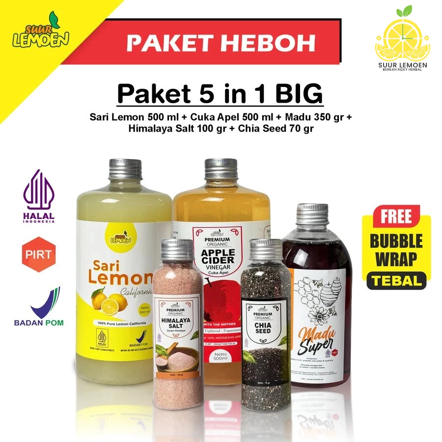 

Paket Bundle Detox 5in 1 - Sari lemon, Cuka Apel, Madu, Chia Seed, Garam Himalaya - By Suur Lemoen