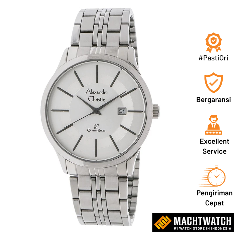 Jam Tangan Pria Alexandre Christie Classic Steel AC 8348 MD BSSSL White Dial Stainless Steel Strap