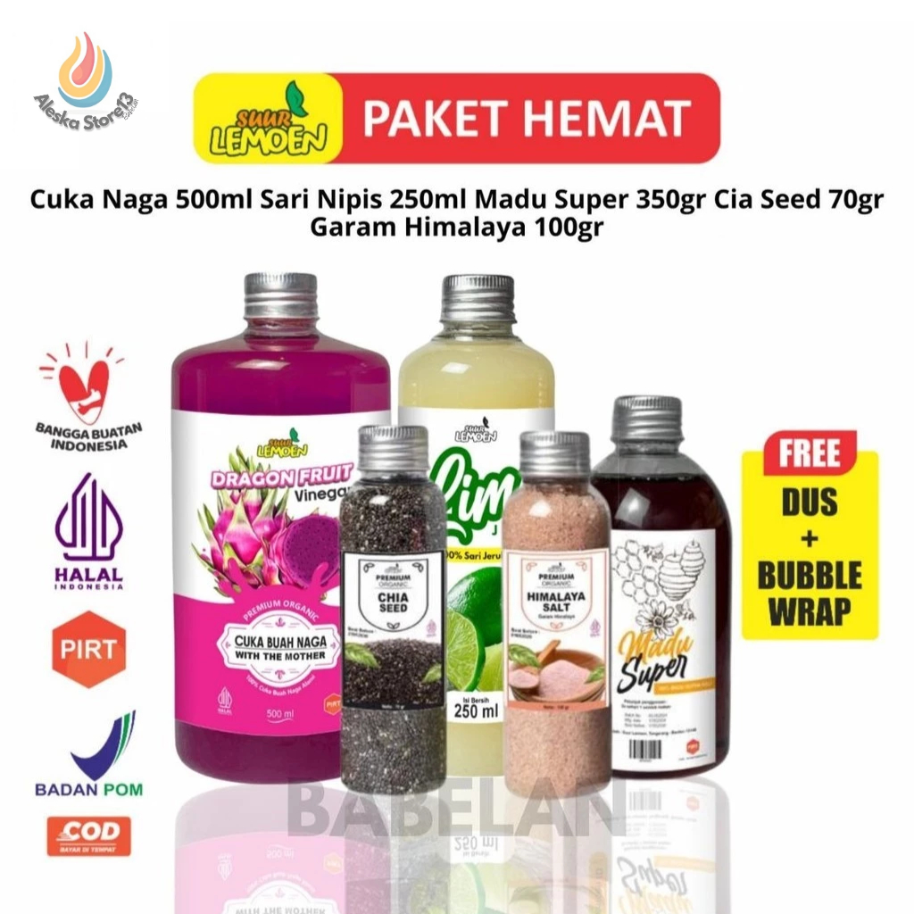 

Paket Lengkap Detox Dan Diet Lengkap 5in1 LEMON Paket Hemat Cuka Naga, Sari Nipis, Chia Seed, Madu Hutan, Garam Himalaya By Suur LemoenID