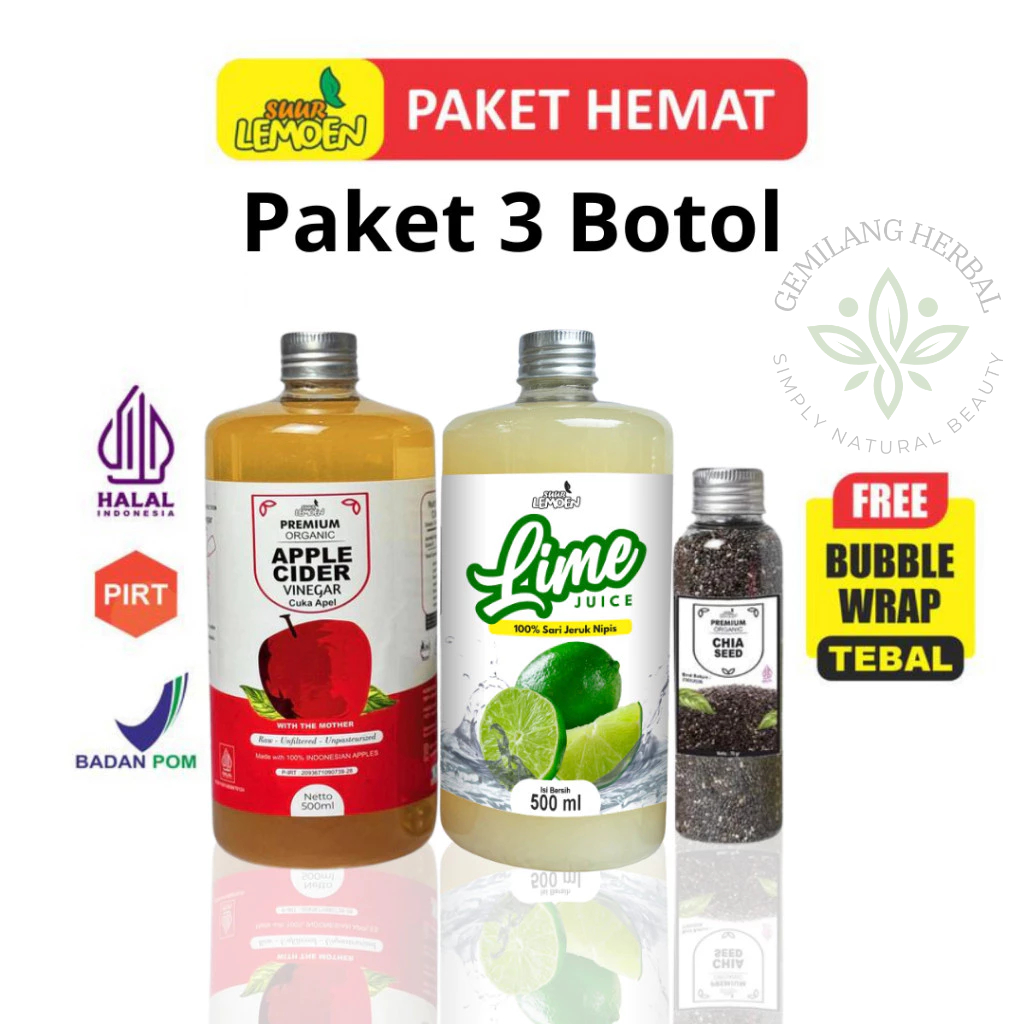 

Paket Diet Sehat - Cuka Apel 500ML, ,Sari Nipis 500ml dan Chia Seeds 70Gr - By Suur Lemoen ID - Gemilang
