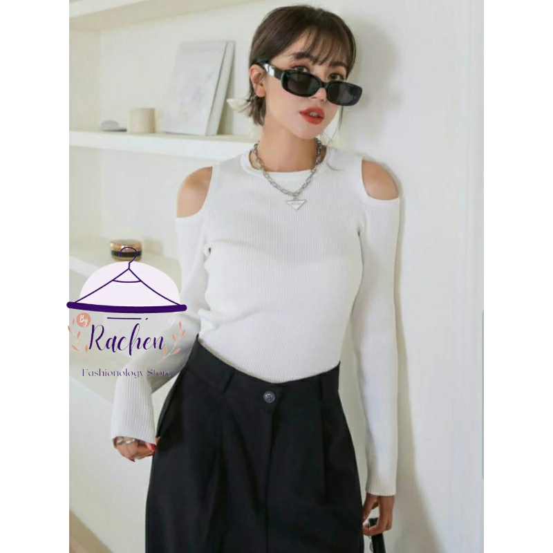 ZARA ~ Atasan Wanita Baju Viral Kekinian Katun Rajut Putih Pundak Bolong Cotton Knit Cold Shoulder L