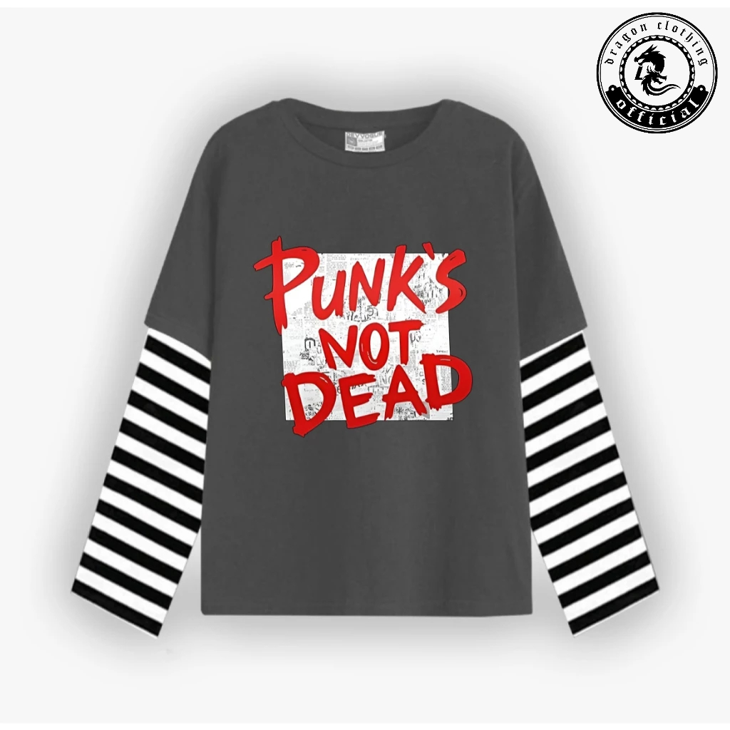 Dragon Clothing Kaos double layer pria Punk's Not Dead T-shirt Band Lengan Panjang Unisex