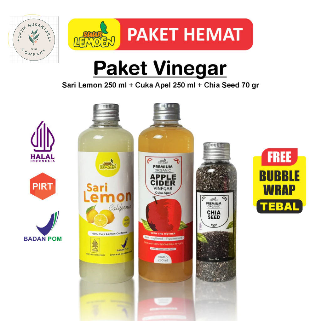 

Paket Best Seller Paket Diet Sehat 3in1 - Cuka Apel 250ml, Sari Lemon 250ml, dan Chia Seed 70gr