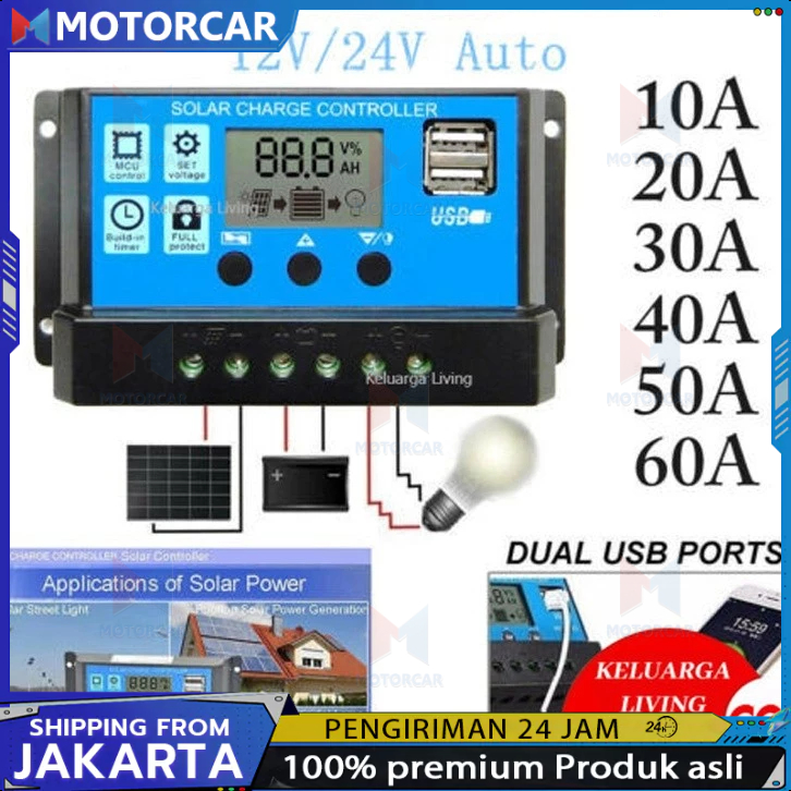 Solar Charge Controller LCD LED Display Solar Cell PWM 12V 24V 10A 20A 30A 50A 60A USB Panel Tenaga 