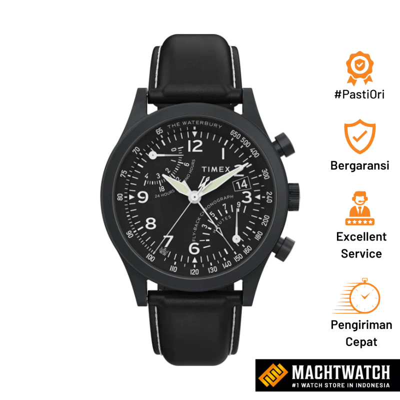Jam Tangan Pria Timex Waterbury TW2W48000 Traditional Fly Back Chronograph Black Dial Black Leather 
