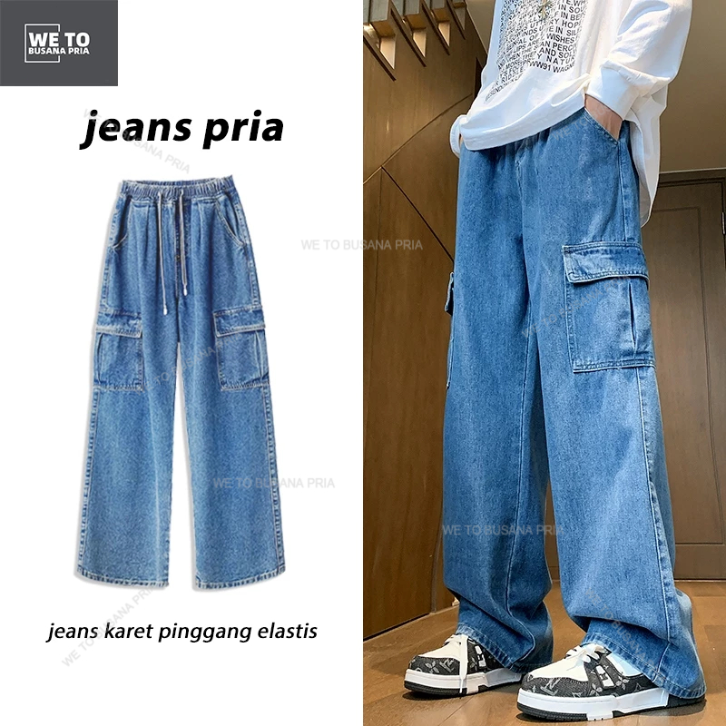 Celana jeans cargo pria celana jeans pria korean style cargo pants baggy pants oversize casual blue 