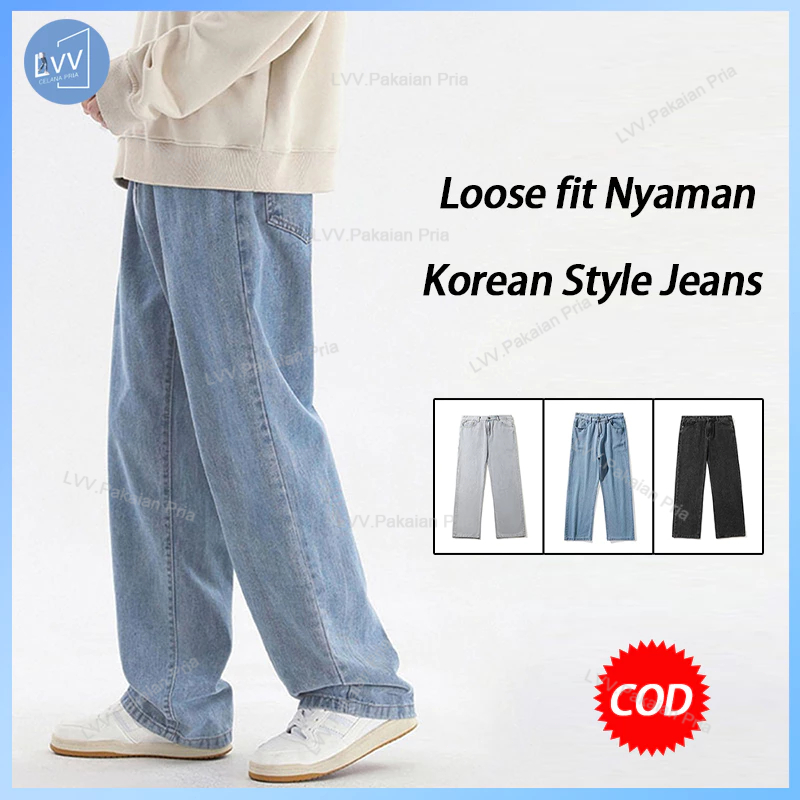 Celana panjang jens pria Highwaist loose kulot oversize celana korean style pria straight jeans boyf
