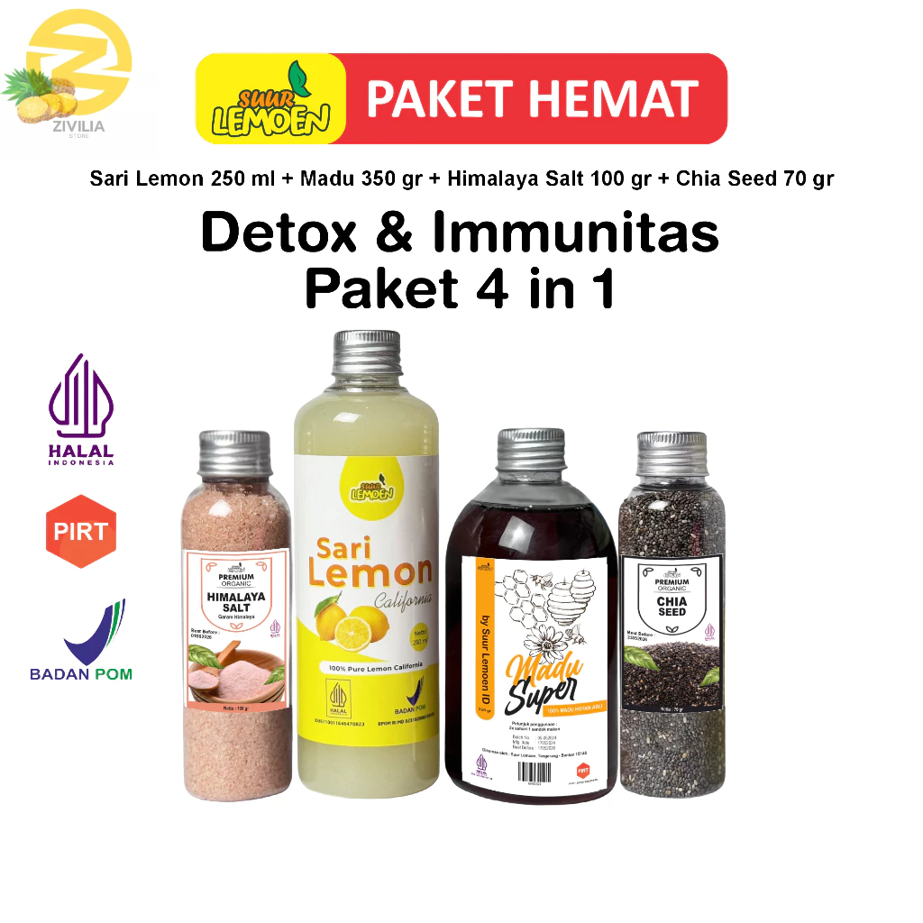 

Paket Detox Diet Imunitas Sari Lemon Murni Madu Chia Seeds Garam Salt Himalaya 4 in 1 by Suur Lemoen ID - Zivilia Herbal