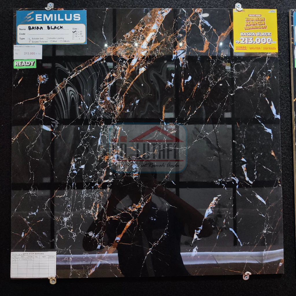 Granit Lantai Halus Glazed Polish 60x60 Emilus Basra Black Hitam Motif - Jepara