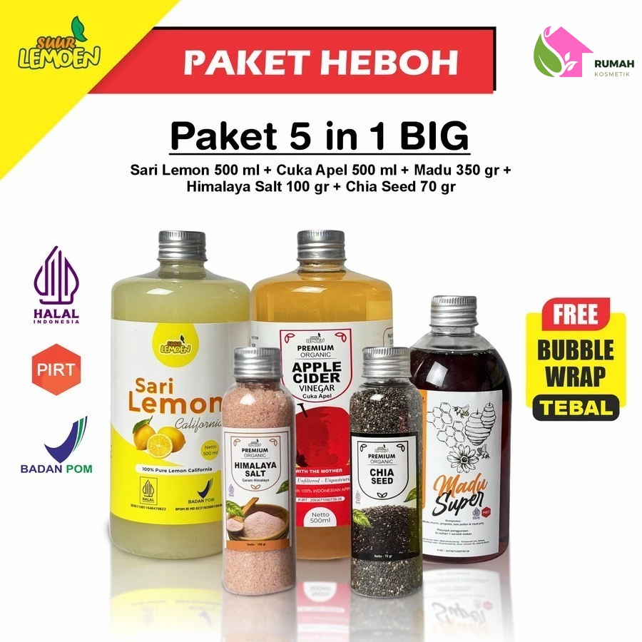 

Suur Lemoen Bundle Diet dan Detox 5in1 BIG - Paket Hemat Cuka Apel, Sari Lemon, Chia Seed, Madu Hutan, Garam Himalaya - (RKM)