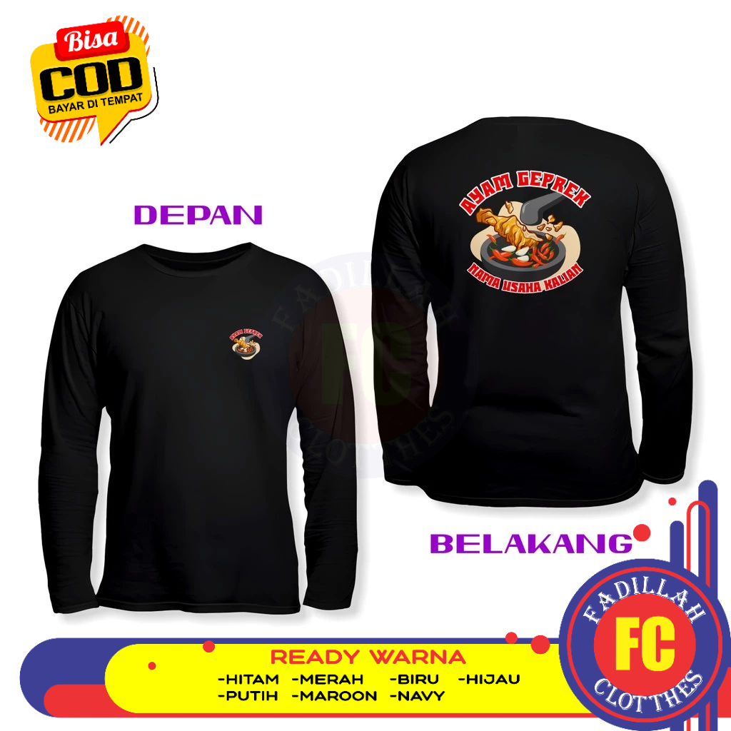 Baju Kaos Makanan Ayam Geprek Gratis Nama Kamu DB Lengan Panjang Kaos Distro
