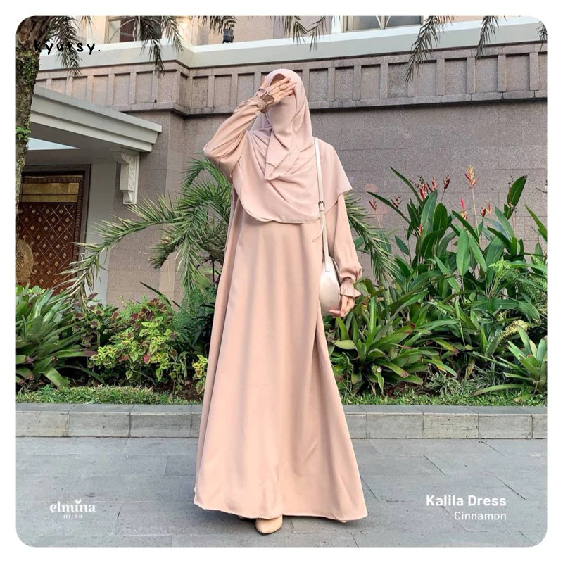 Elmina Kalila Dress Gamis Coklat Brown Cinnamon Terbaru 2025 Raya Collection Simple Minimalis Olive 