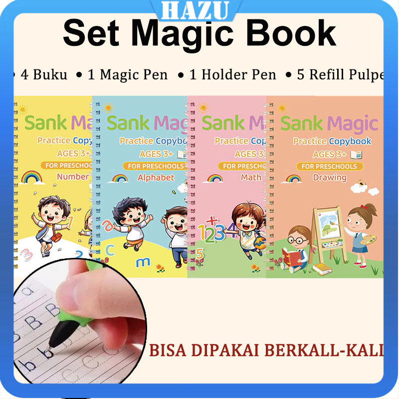 

1 Set 4 Buku + Pulpen /Sank Magic Book Buku Ajaib Belajar Menulis Anak /Latihan Menghitung Menggambar Tulis