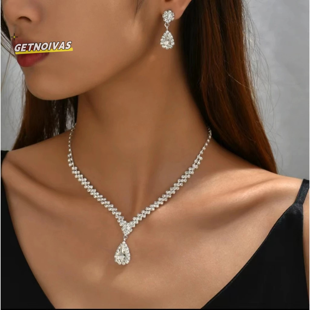 Fashion Pengantin Perhiasan Set untuk Wanita Anting Kalung Set Rhinestone Crystal Kalung Pernikahan 