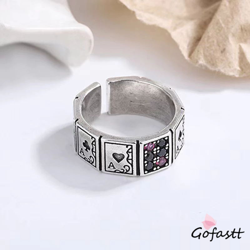 GARANSI COD Cincin Pengaturan Poker Berlian Cincin Hip Hop Retro Terbuka Pribadi Cincin Pria Wanita
