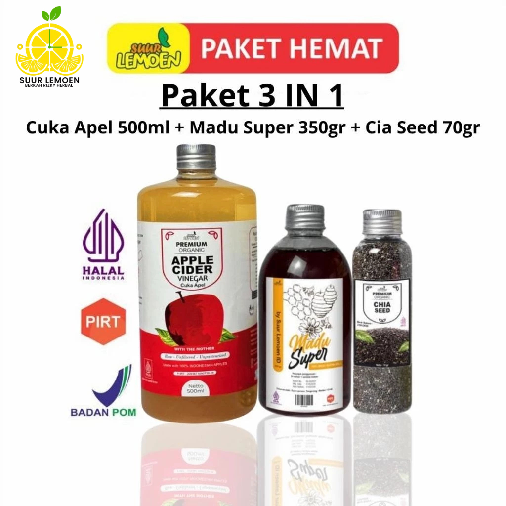 

Paket Diet Detox Sehat Alami BPOM dan Halal Paket 3in1 / Cuka Apel + Chia Seed + Madu Super ( ALL Variant ) By Suur Lemoen