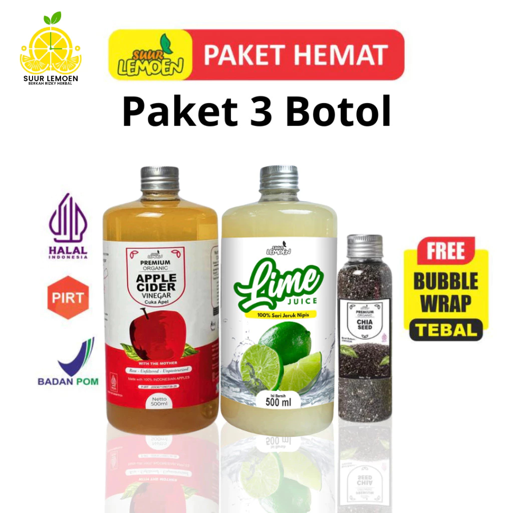 

Paket Diet Sehat - Cuka Apel 500ML, ,Sari Nipis 500ml dan Chia Seeds 70Gr - By Suur Lemoen ID - BRH