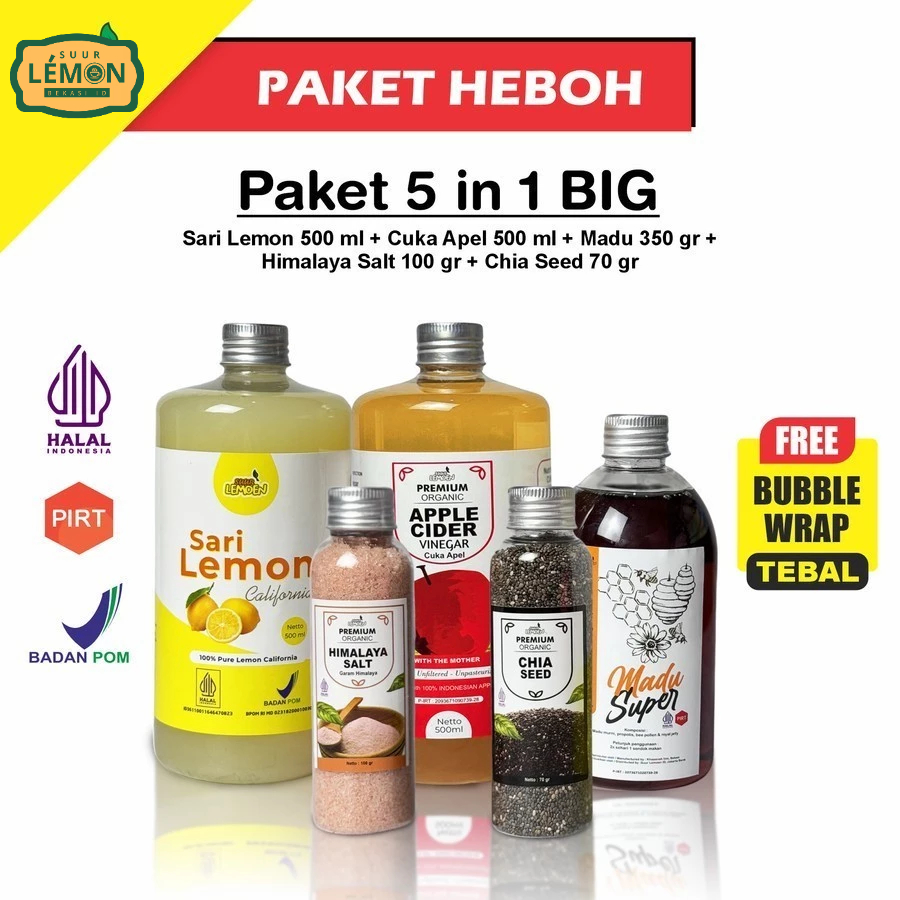

Paket Diet dan Detox 5in1 BIG - Paket Hemat Cuka Apel, Sari Lemon, Chia Seed, Madu Hutan, Garam Himalaya By Suur Lemoen - BH