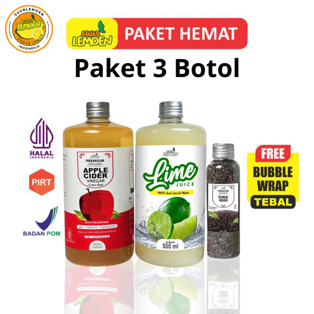 

Paket Diet Sehat - Cuka Apel 500ML, ,Sari Nipis 500ml dan Chia Seeds 70Gr - By Suur Lemoen ID - Mansyaf