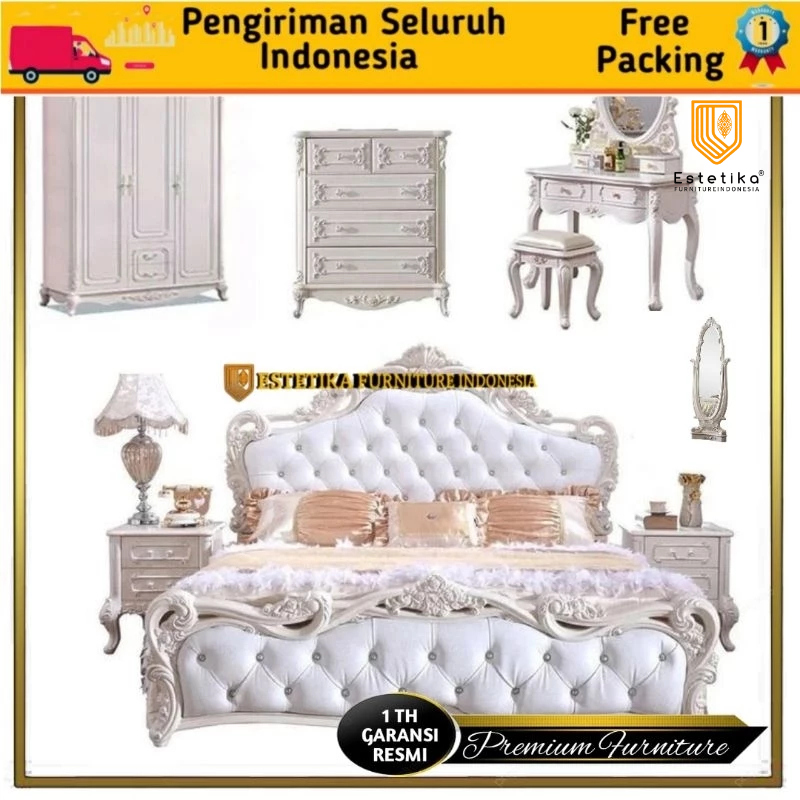 ESTETIKA FURNITURE INDONESIA Set Kamar Dipan Tempat Tidur Ratu Bilqis Full Ukir Jepara White Glossy 