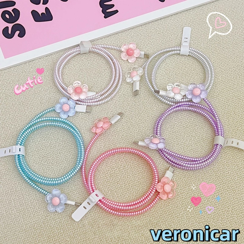 1 Set 4 item Pelindung Kabel Carger Motif Bunga Pelindung Kabel Data Kawat Kabel Data HP Untuk Iphon