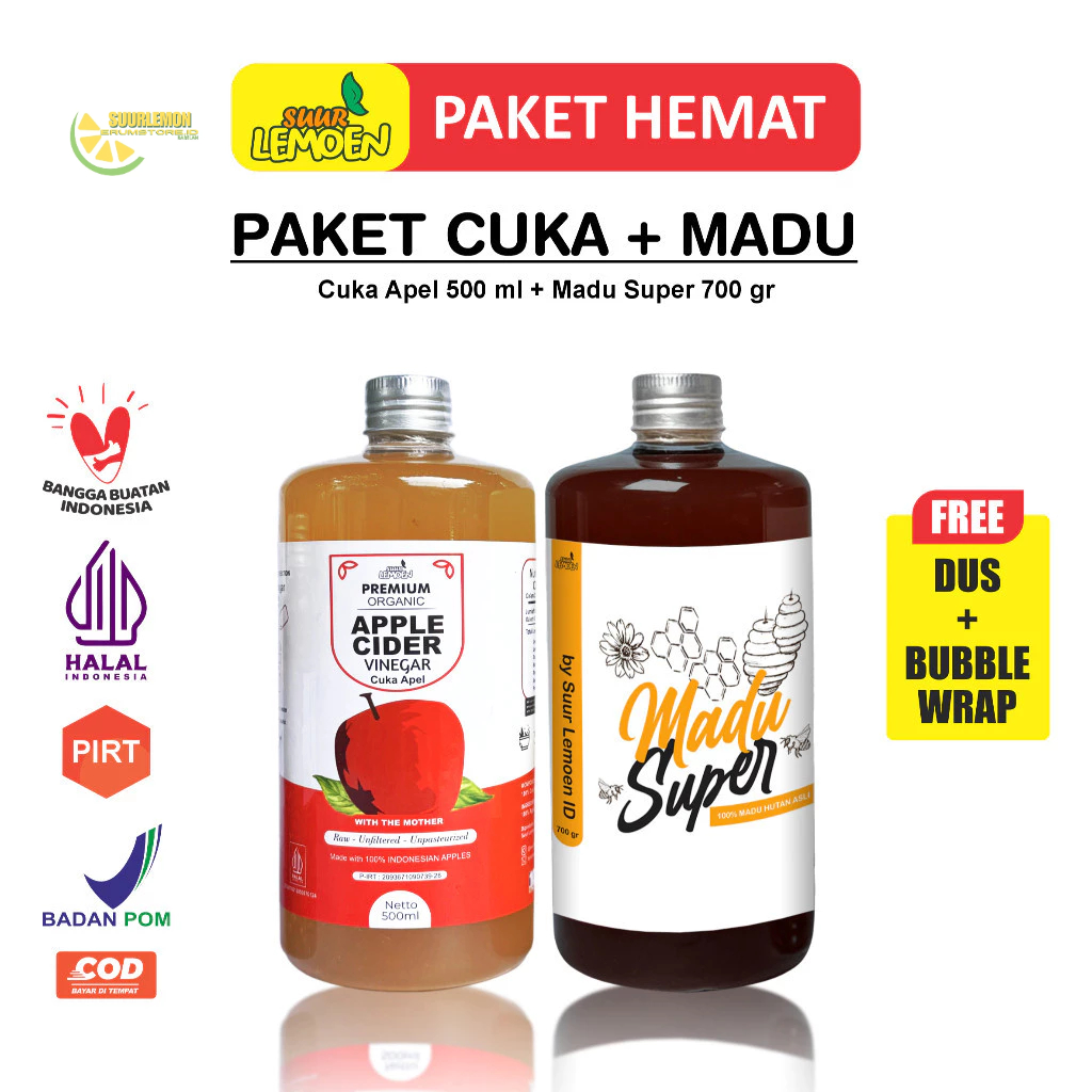 

Suur Lemeon - Paket Asam Lambung - Diet Sehat Bundling Cuka Apel 500ml dan Madu Hutan 700gr Asli