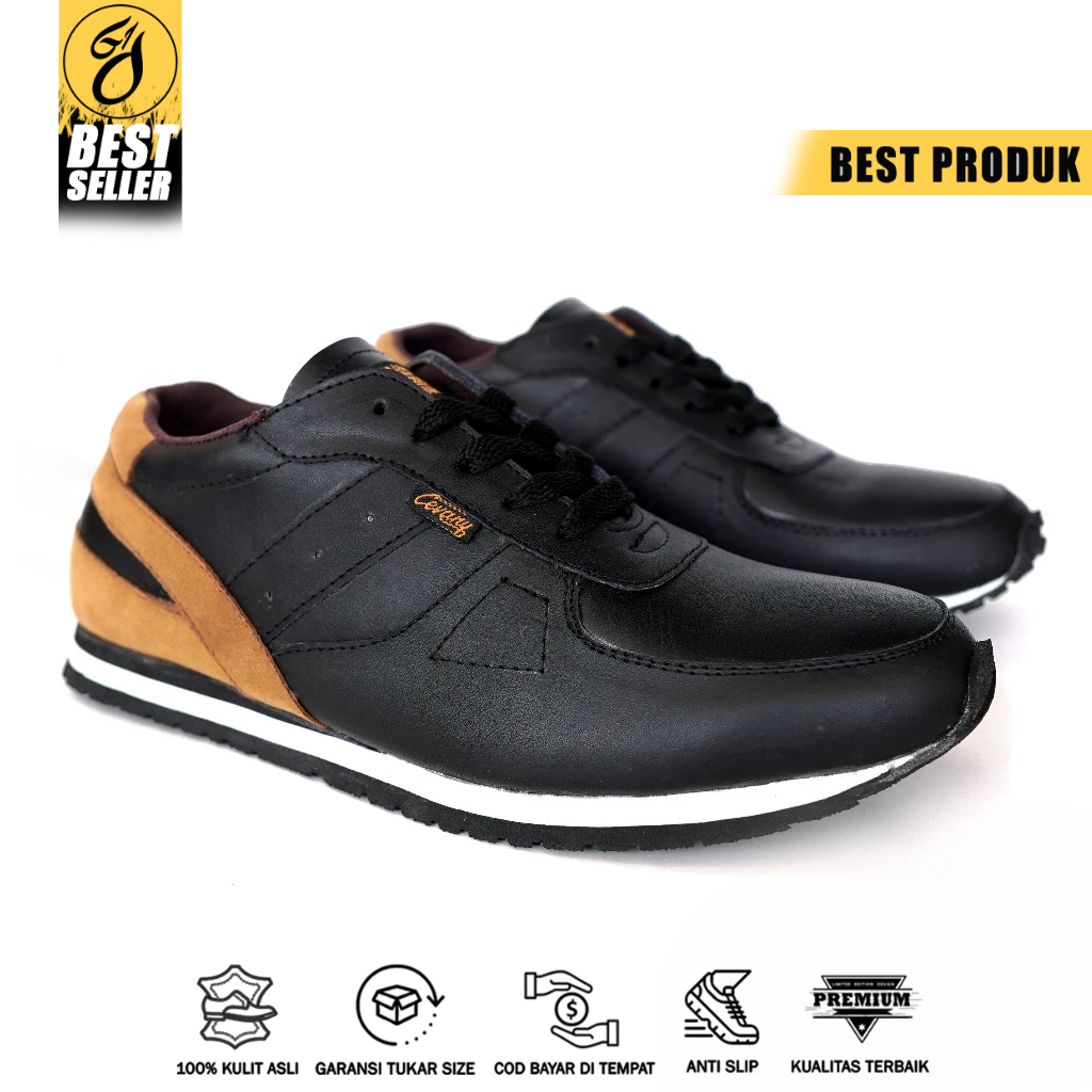 Sepatu Pria Sneakers Putih Hitam Sepatu Kasual fashion Pria Kulit Asli - Jellal