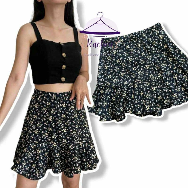 UNIQLO ~ Bawahan Wanita Rok Viral Kekinian Motif Bunga Ruffle Floral Skirt in Dark Navy