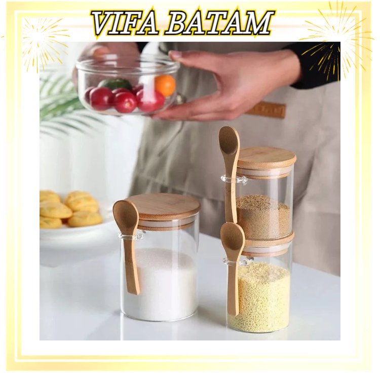 VIFA_BATAM Tempat Bumbu Aesthetic Kaca/Botol Bumbu Tutup Kayu