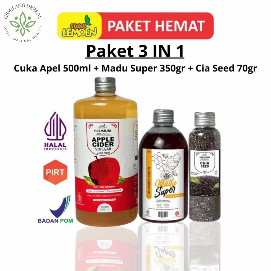 

Paket Diet Detox Sehat Alami BPOM dan Halal Paket 3in1 / Cuka Apel + Chia Seed + Madu Super ( ALL Variant ) By Suur Lemoen