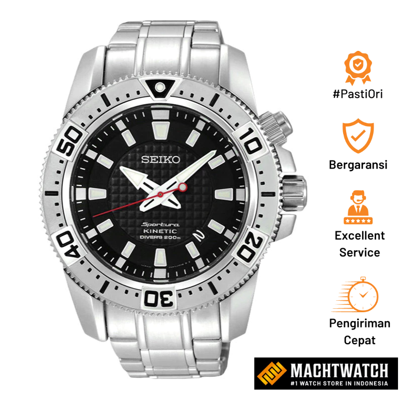 Jam Tangan Pria Seiko Sportura SKA509P1 Kinetic Diver Black Dial Stainless Steel Strap