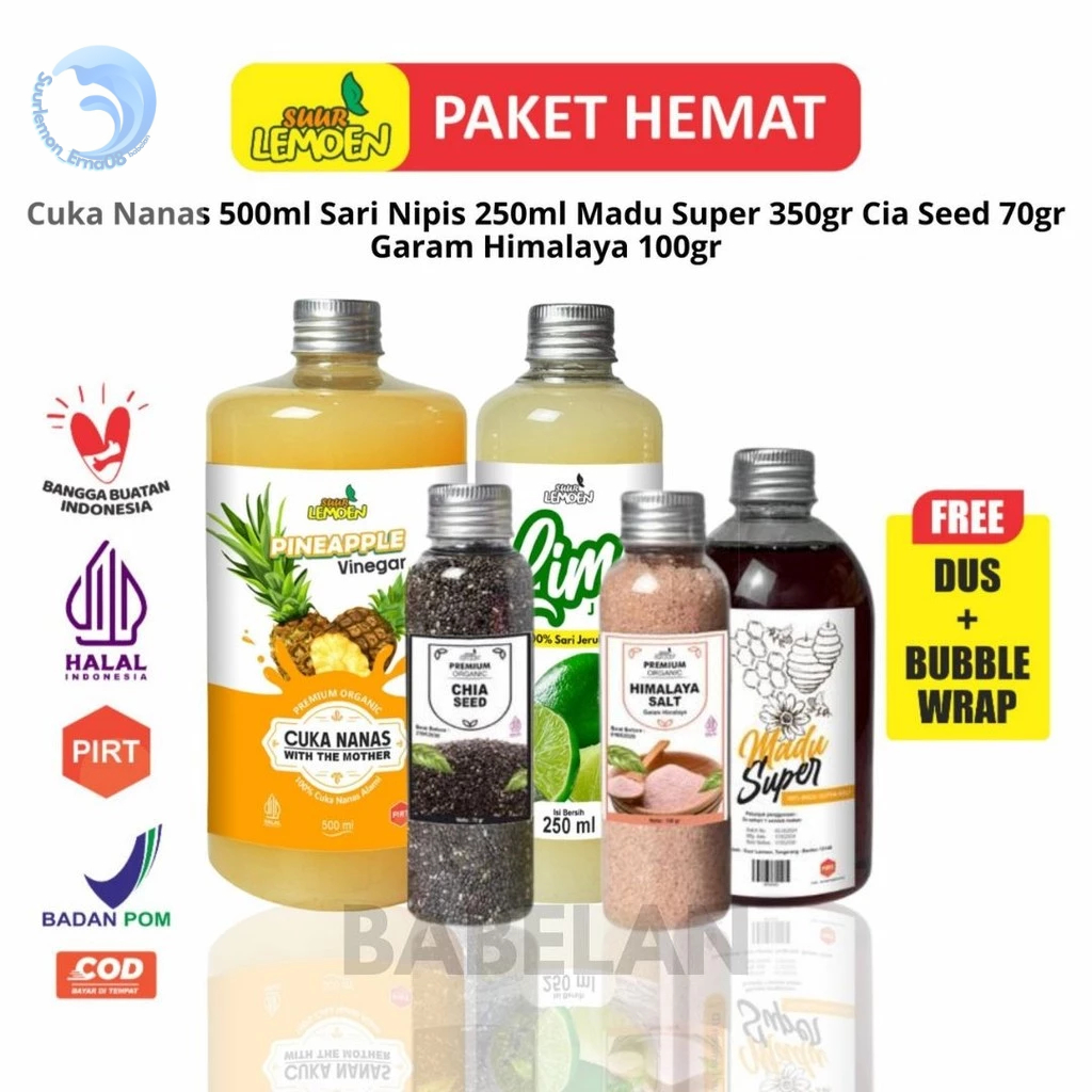 

Suur Lemoen Paket Bundle Diet dan Detox 5in1 BIG - Paket Hemat Cuka Nanasl, Sari Nipis, Chia Seed, Madu Hutan, Garam Himalaya - (ERN)