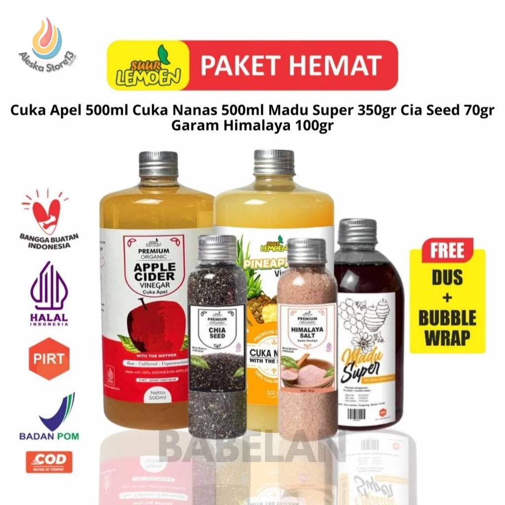 

Paket Super Hemat Untuk Diet dan Detox 5in1 Cuka Nanas, Cuka Apel, Garam Himalaya, Madu Hutan, Dan Chia Seed