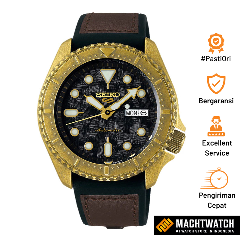 Jam Tangan Pria Seiko 5 Sports SRPE80K1 Specialist Style Black Dial Brown Leather and Rubber Strap
