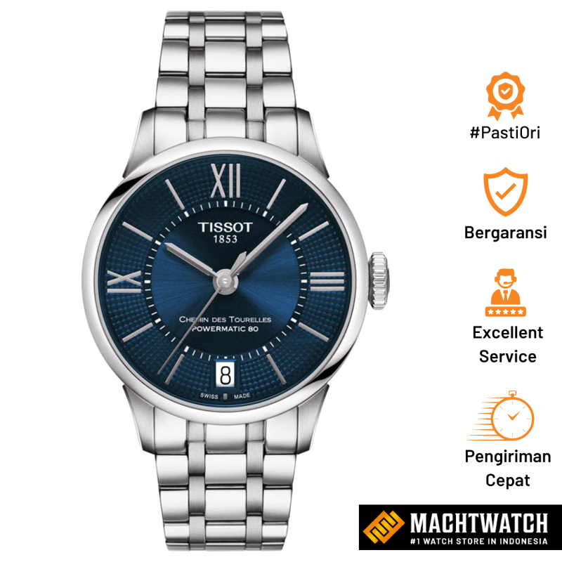 Jam Tangan Wanita Tissot T-Classic T099.207.11.048.00 Chemin Des Tourelles Powermatic 80 Blue Dial S