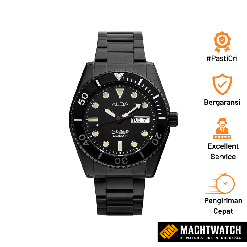 Jam Tangan Pria Alba Active AL4331X1 Men Automatic Black Dial Black Stainless Steel Strap