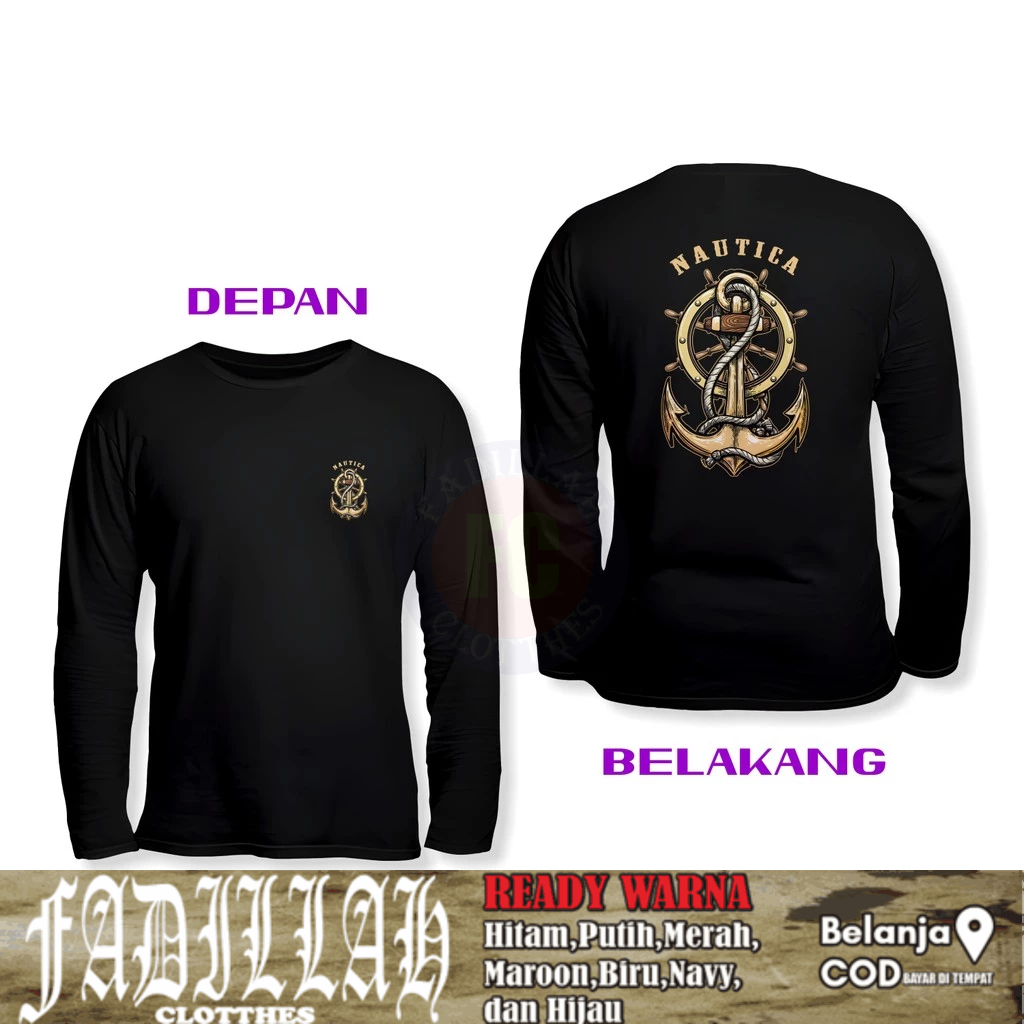 Baju Kaos NAUTICA Jangkar dan Kemudi Kapal DB Lengan Panjang Kaos Distro
