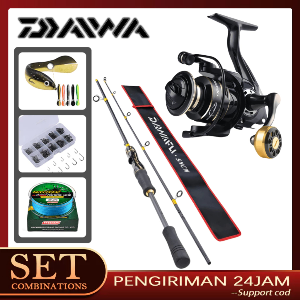 DAIWA joran pancing set 1.8M 2 Bagian Spinning Fishing Rod Reel Set Fiber Glass Telescopic untuk Air