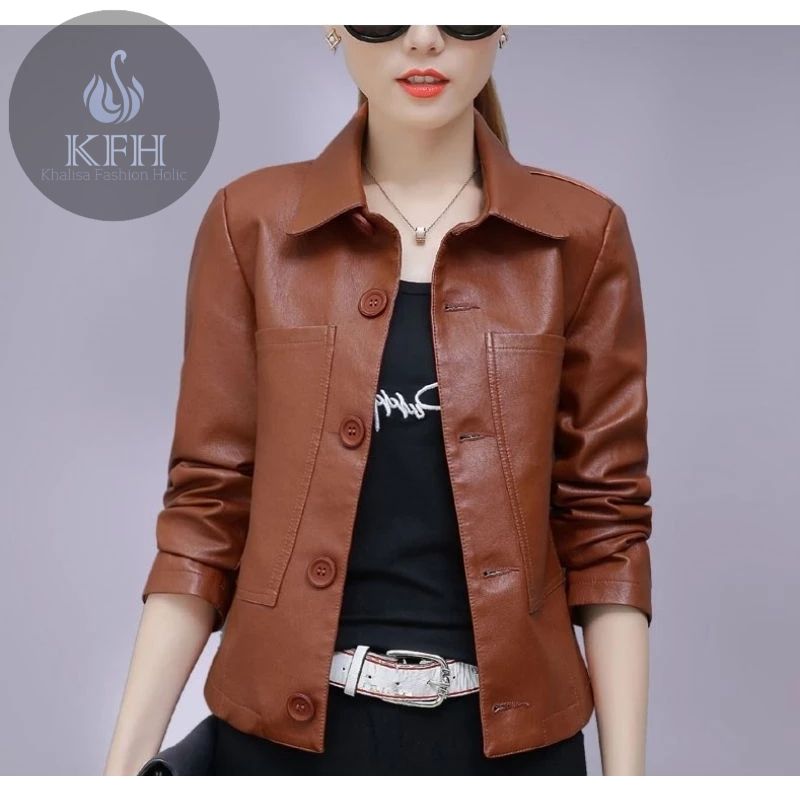 Jaket Kulit Wanita Leather Jacket Women Model Kemeja Wanita Simple Sporty Single-breasted PU Leather