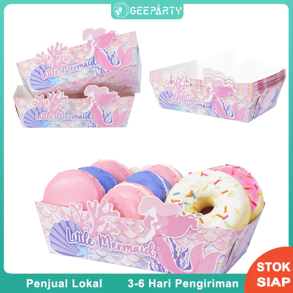 6 Pcs Nampan Makanan Kerang Putri Duyung Merah Muda Baki Kertas Goreng Untuk Pesta Ulang Tahun Anak 