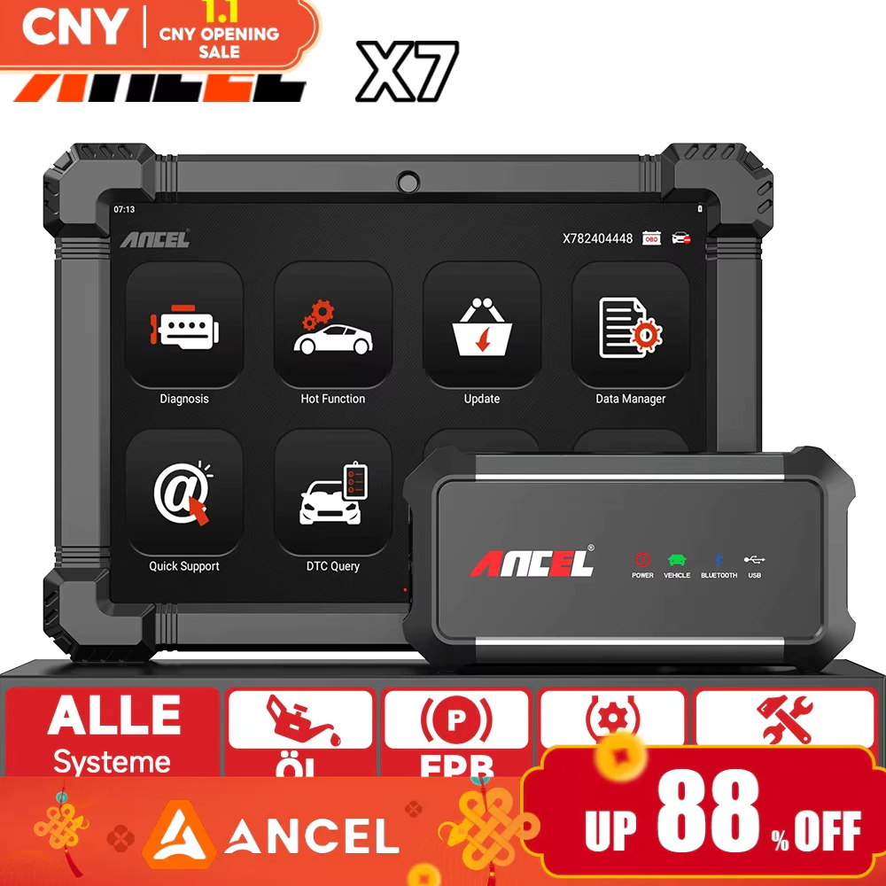 ANCEL X7 OBD2 Pemindai diagnostik tingkat OE otomotif Pengujian seluruh sistem Pengkodean