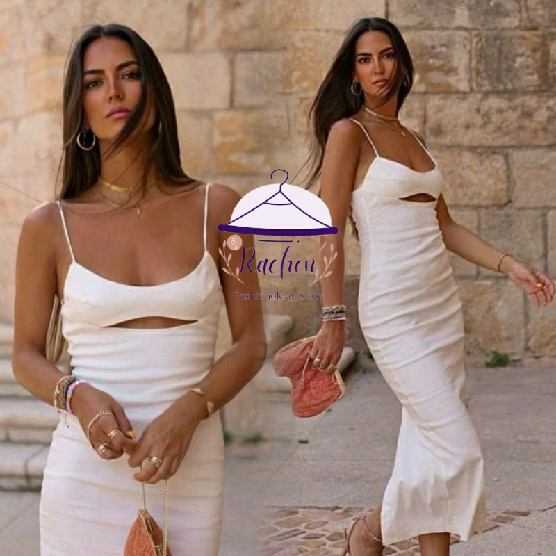 ZARA ~ Gaun Wanita Baju Viral Kekinian ala Selebgram Putih Tied Up Back Linen Blend Long Dress with 