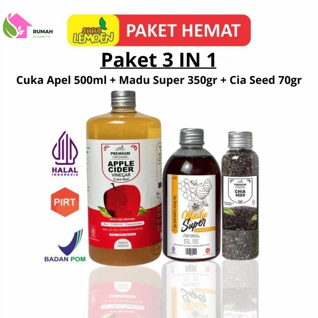 

Paket Diet Detox Sehat Alami BPOM dan Halal Paket 3in1 / Cuka Apel + Chia Seed + Madu Super ( ALL Variant ) By Suur Lemoen