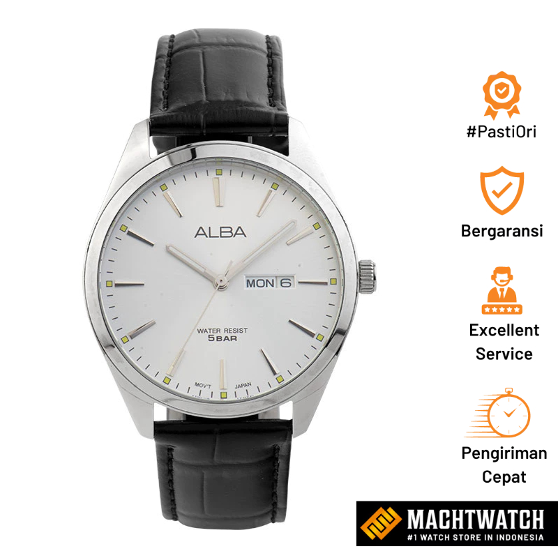 Jam Tangan Pria Alba AJ6193X1 Men Silver Dial Black Leather Strap