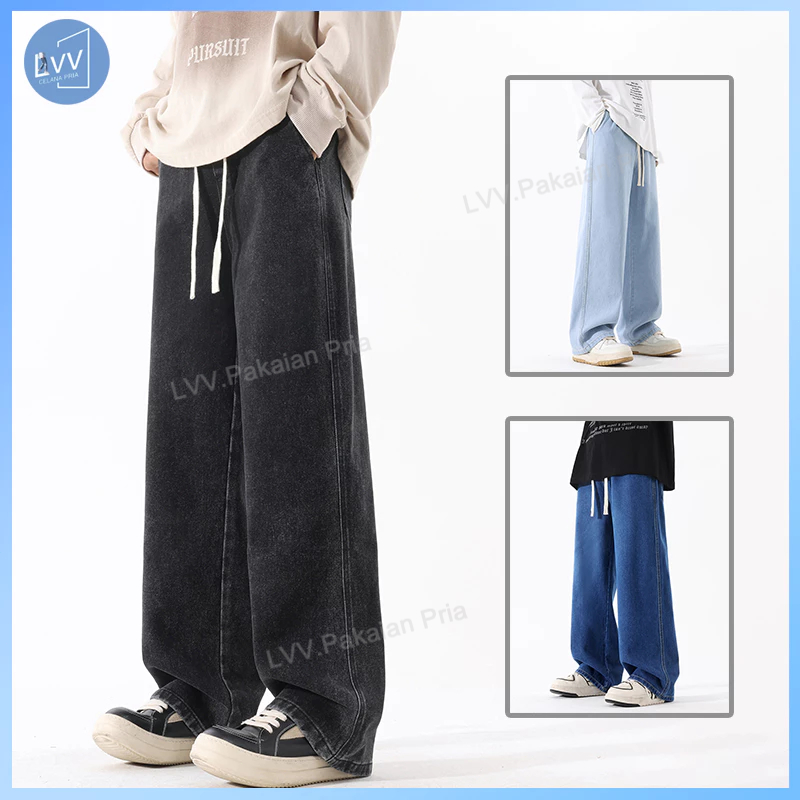 Celana jeans pinggang karet celana baggy jeans pria New fashion hitam Celana jeans panjang pria