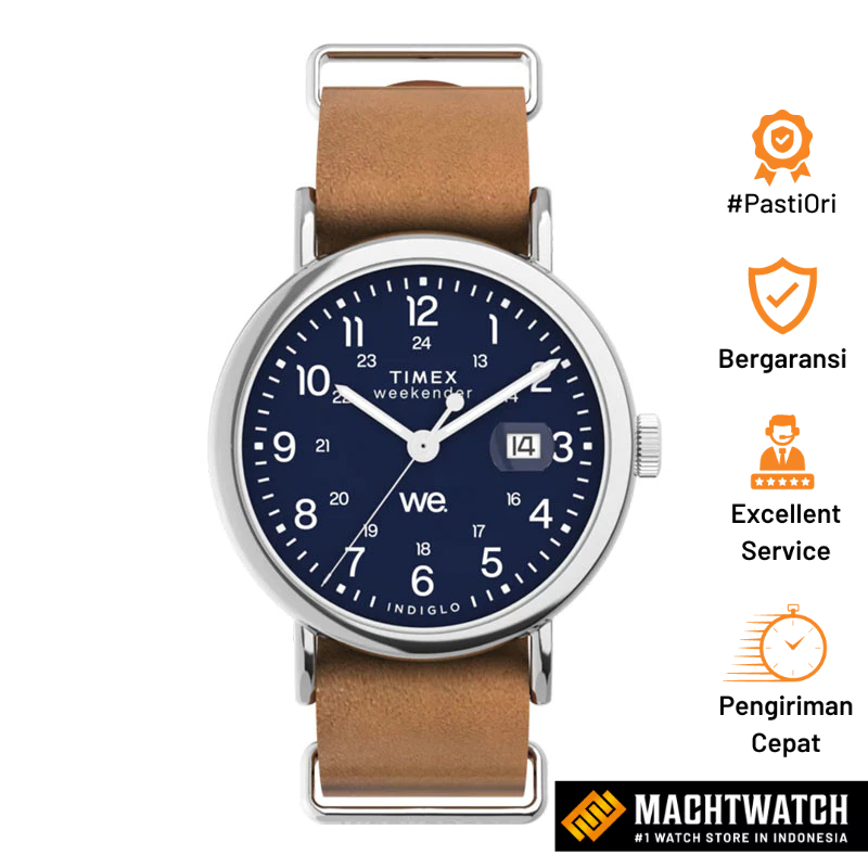 Jam Tangan Unisex Timex Weekender TW2W86800 Indiglo Blue Dial Brown Leather Strap